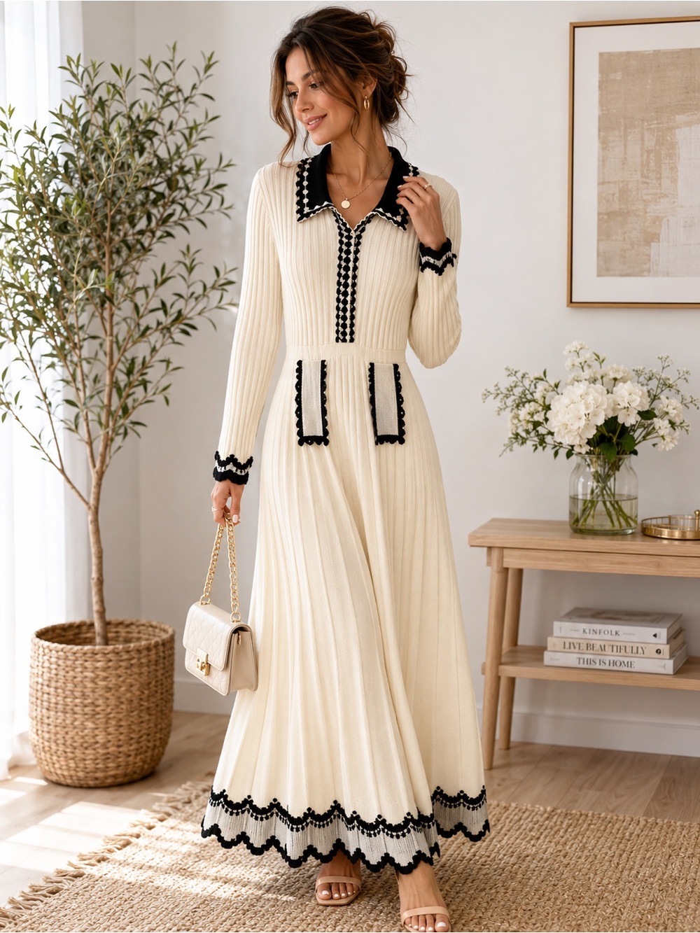 Cream Maxi Dress with Black Trim and Scallop Details